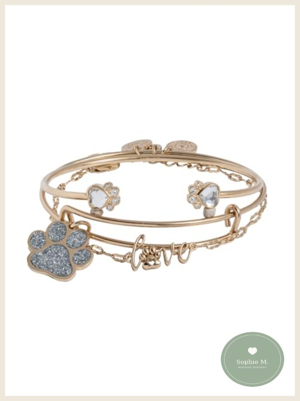 Shiny Gold Paw Print Crystal Charm Bangle Bracelet Set of 3 Adjustable